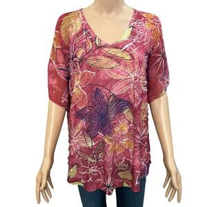 Jess And Jane Sublimation Print Ruffle Tunic Top XL Short Sleeve Floral Pink